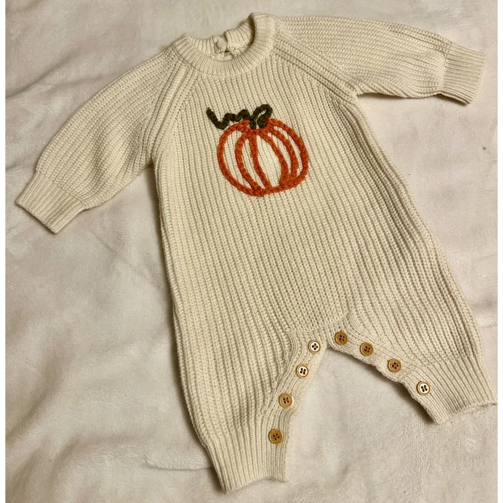 Infant Cream Ribbed Knit Pumpkin Romper Long Sleeve Fall 0-1M button up legs